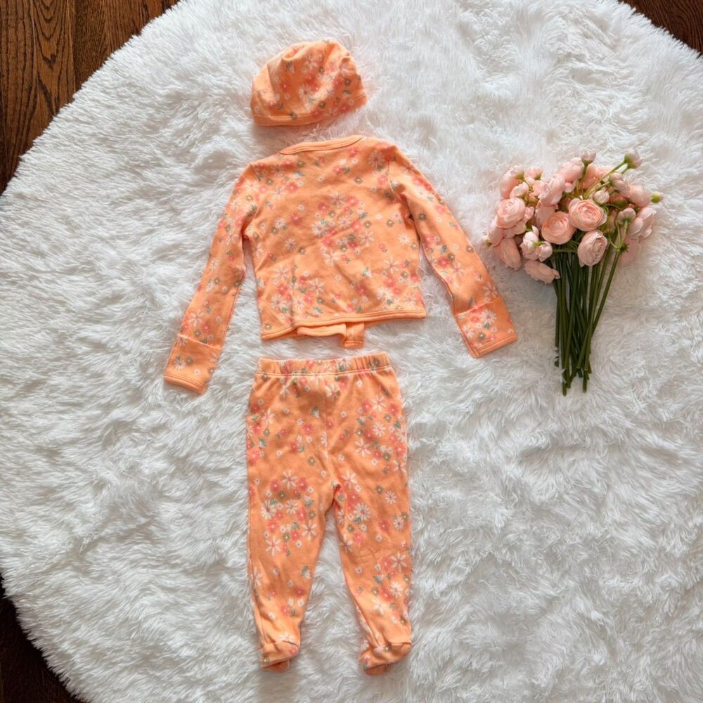 Floral Baby Outfit Set 3 Piece Orange Top + Pants + Hat 6-9M - Picture 2 of 9
